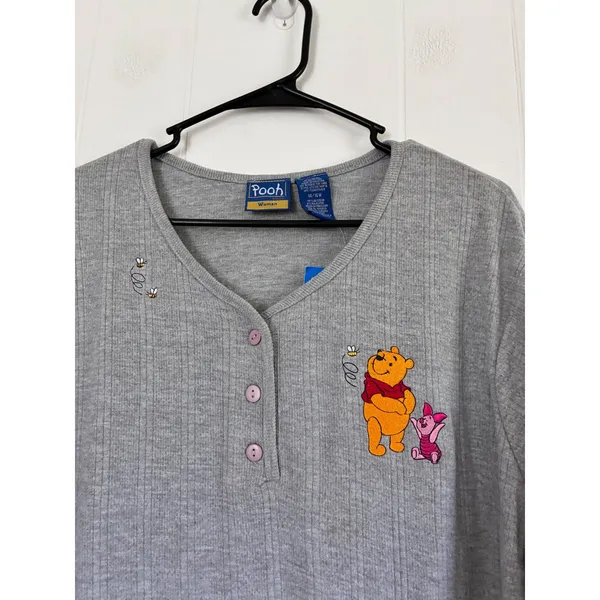 Disney Winnie the Pooh Piglet Gray Ribbed Henley Short Sleeve Womens 14/16W - Image 2