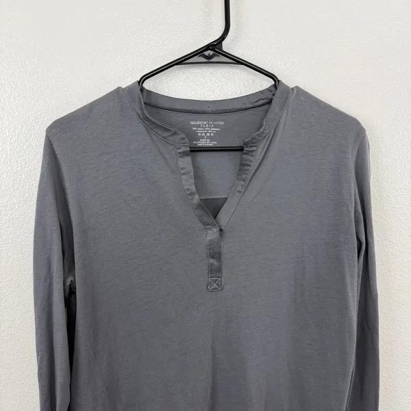 Majestic Filatures Top Womens Size 3 Grey Cotton Cashmere Silk Back Split Neck - Image 2