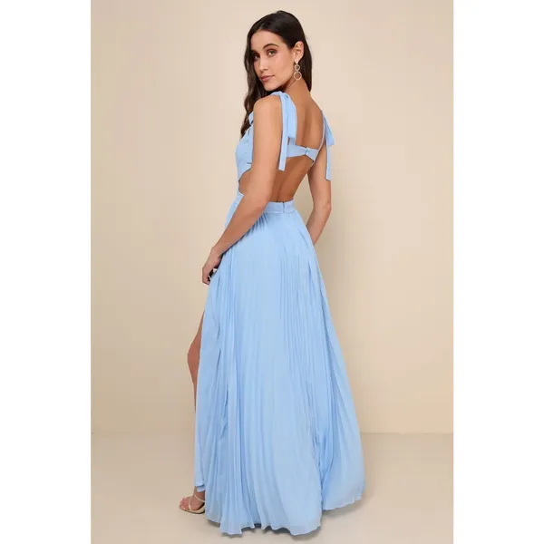 NWT Lulus Celebratory Allure Powder Blue Pleated Backless Maxi Dress Wedding M - Image 3