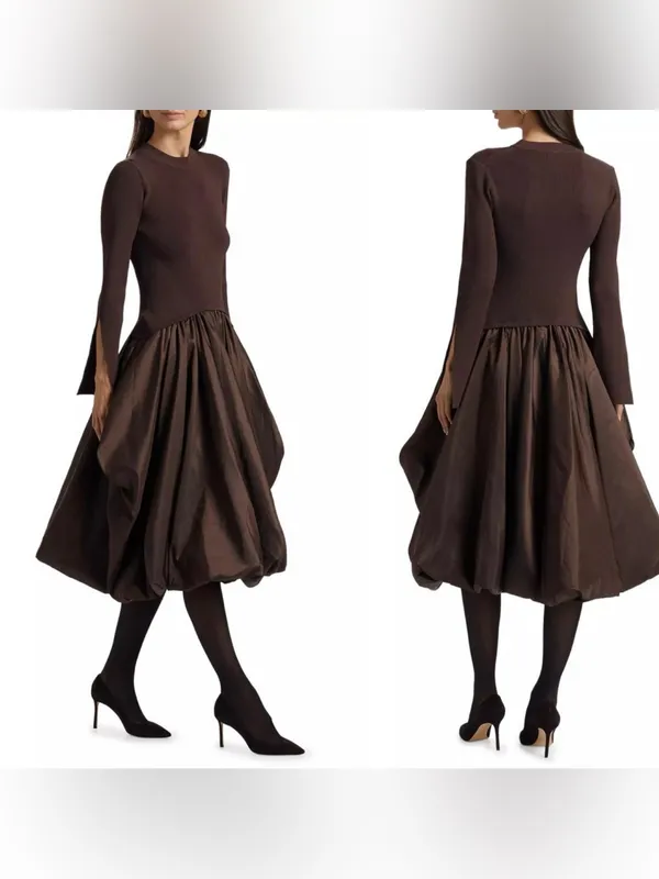 SIMKHAI Kenlie Ribbed Knit Bodice Taffeta Bubble Dress Brown Size Large NWOT - Image 4
