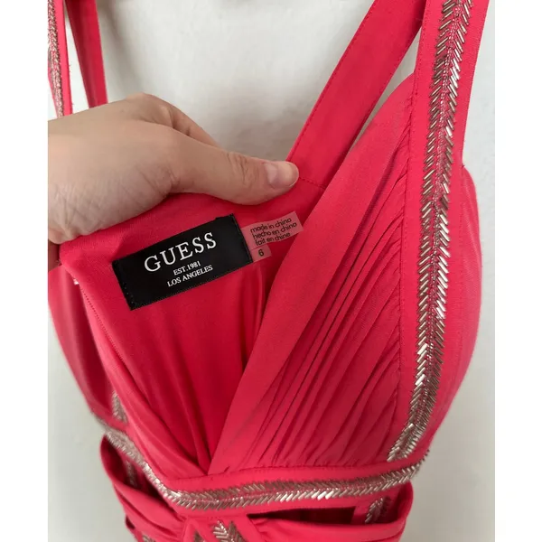 Guess Beaded Grecian Prom Dress Long Length Maxi Formal Coral Pink 2010s Silver - Image 9