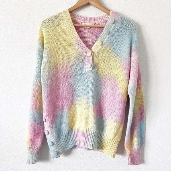LoveShackFancy Naveen Alpaca Blend Pastel Tie Dye V-Neck Oversized Cozy Sweater - Image 4