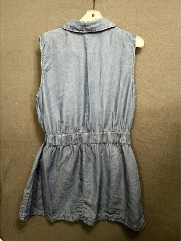Women’s Blue Denim Shirt Dress Sleeveless Collared Button Drawstring Pockets L - Image 4