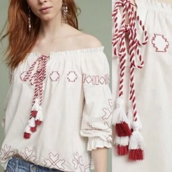 Anthropologie Harlyn Farina S Embroidered White Peasant Boho Blouse Top - Image 2