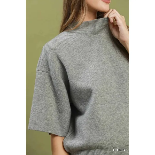 Umgee Mock Neck Short‎ Sleeve Knit Sweater Top - H. Grey - medium - Image 4