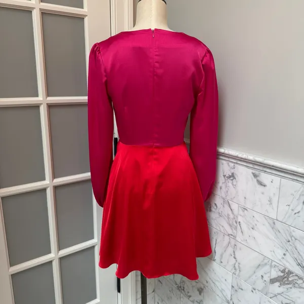 Milly Stella Satin Red Pink Colorblock Tie Waist Long Sleeve V-Neck Mini Dress 4 - Image 3