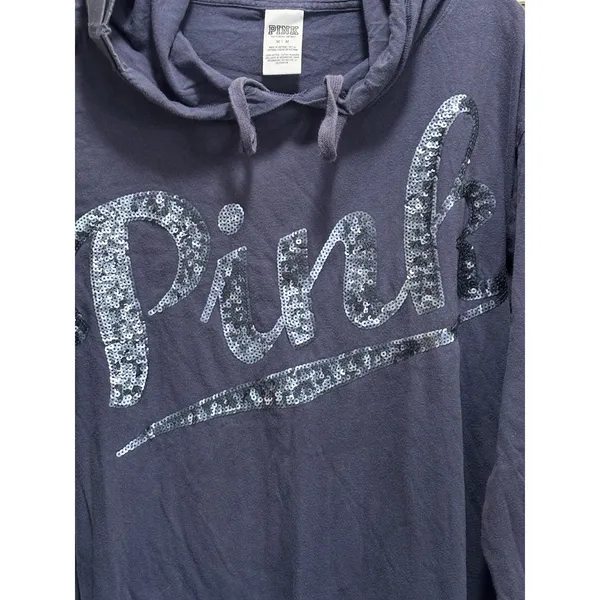 VS PINK‎ Bluish Gray Sequins Hoodie Sweatshirt Size M Long Sleeve Logo Graphic - Image 2