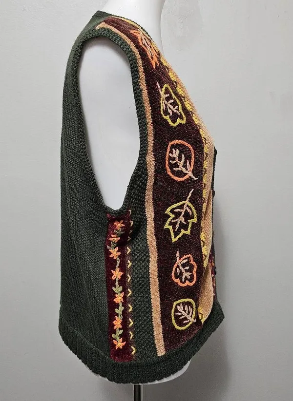 Vintage Koret Petites Olive Autumn Floral Embroidered Vneck Vest Size Medium - Image 3