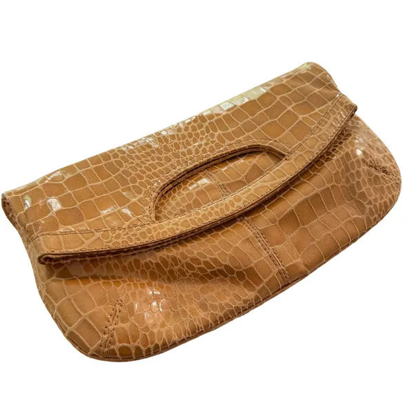 Nine West‎ Clutch Bag Women Tan Croc Embossed Foldover Classic Minimalist Preppy - Image 5