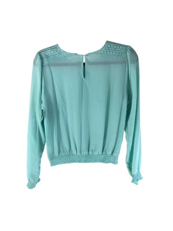 Socialite Womens Top Sheer Long Sleeve Shirred Gathered Hem Crochet Aqua Blue M - Image 2