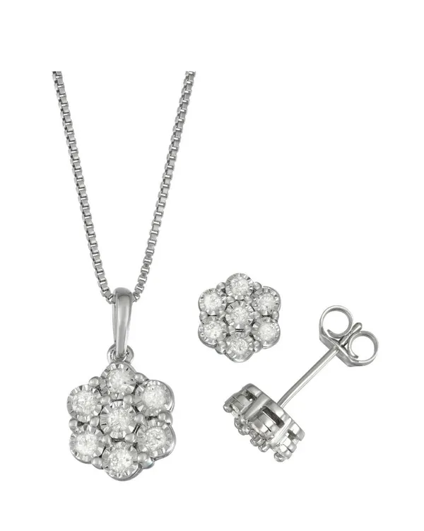 14K White Gold Over Sterling Silver 0.50 CTW Diamond Earrings and Necklace Set - Image 2