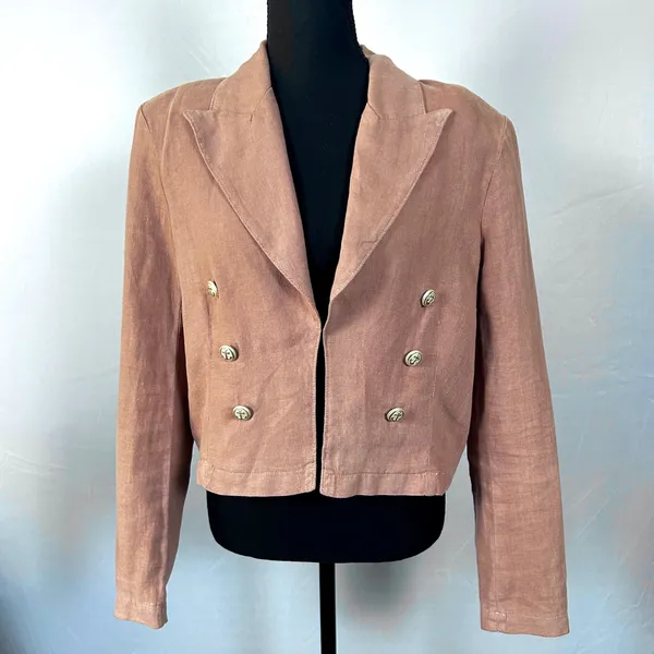 L'AGENCE Womens M Linen Blazer Pink Cropped Double Breasted Gold Button Jacket - Image 6