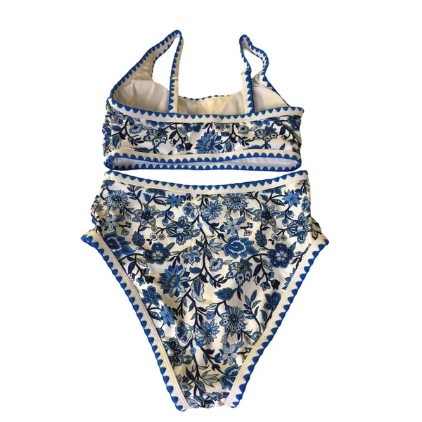 Blue White Floral Chintz Ric Rac High Waisted Bikini‎ Swimsuit Size Smal New - Image 3