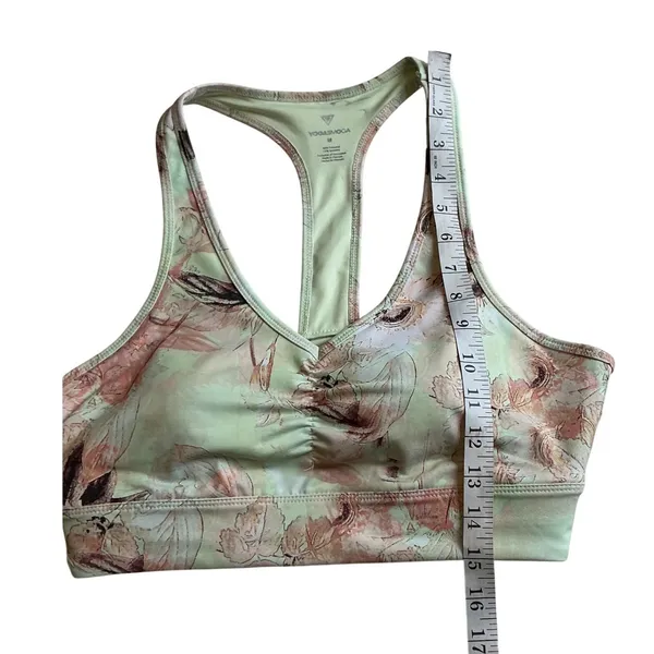 YOGASMOGA Women Mint Green Floral Racerback Ruched V-Neck Sports Bra Medium NEW - Image 4