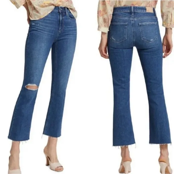 PAIGE Colette‎ Crop Flare Jeans Blaine Destructed Medium Wash Distress 28 - Image 2
