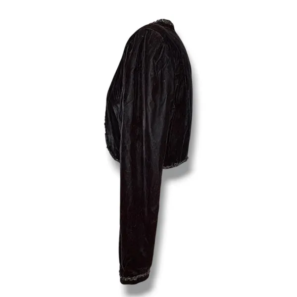 Vintage Black Velvet Bolero Cropped Jacket Beaded Trim Open Front Evening Shrug - Image 4