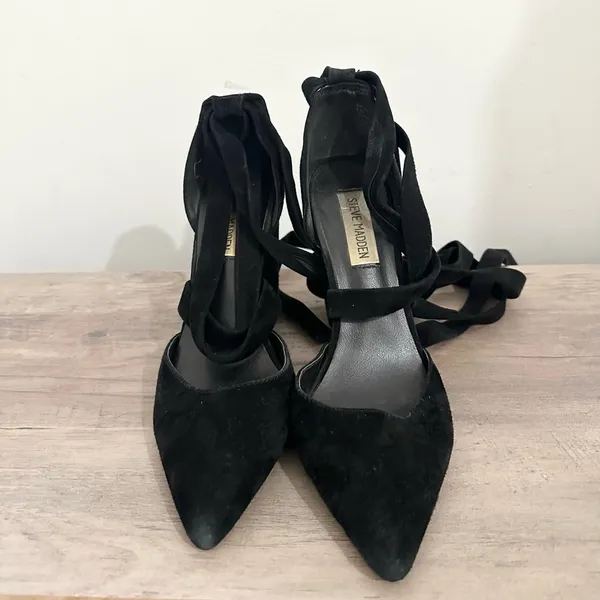 STEVE MADDEN bryony suede black point toe heels lace up elegant 5.5 - Image 2