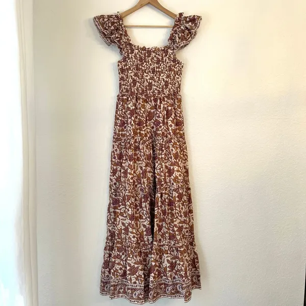Anthropologie Love the Label Maxi Dress S Cottagecore Smocked Tiered Block Print - Image 7