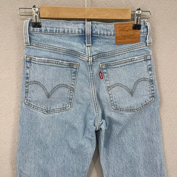 Levis Jeans Womens 24 Light Blue Wedgie Straight Distressed Button Fly Raw Hem - Image 13