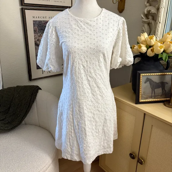 FREE PEOPLE Apricot Rose Mini‎ Dress Lace Eyelet Open Back in White Size Medium - Image 3
