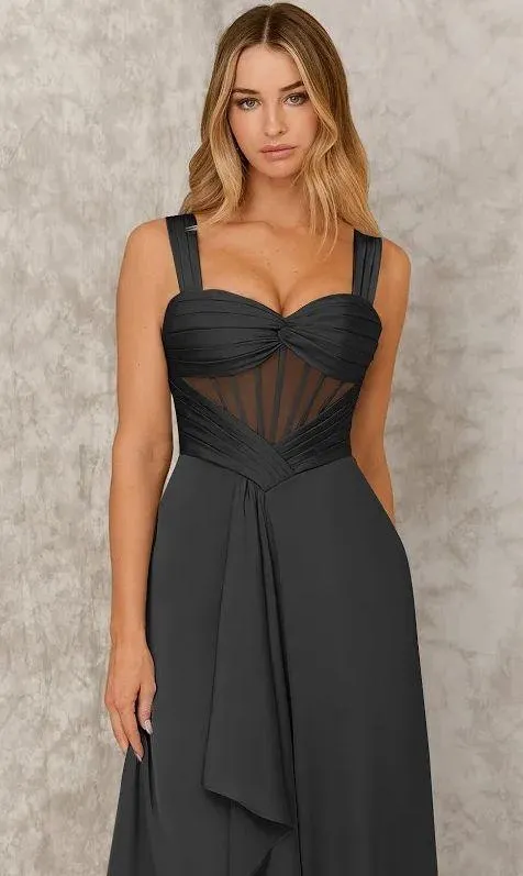 Azazie NWT X KENDALL + KYLIE A-Line Ruched Stretch Satin Floor-Length Dress in Black. Size 10. - Image 4