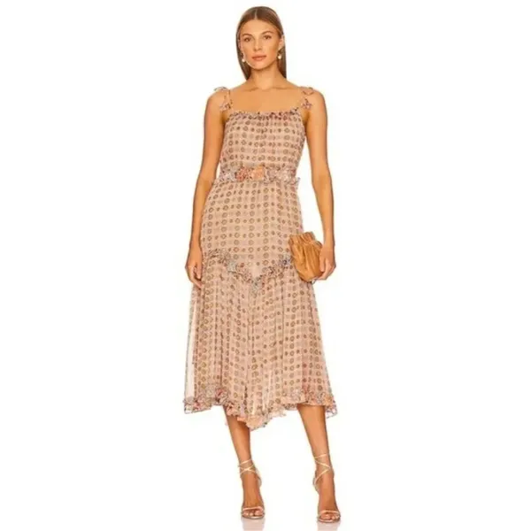 MISA Los Angeles Nita Midi Ruffle Dress in Flora Tile Mix Green and Pink Size M NWT - Image 4