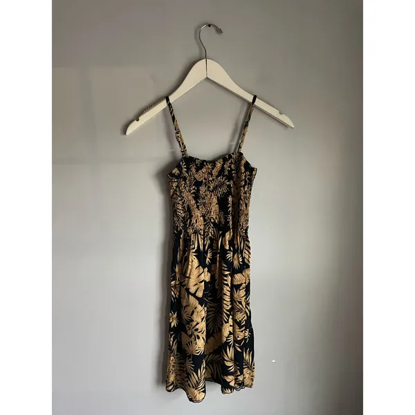 Tropical Palm Print Smocked Sundress Black Tan Adjustable Straps Mini - Image 3
