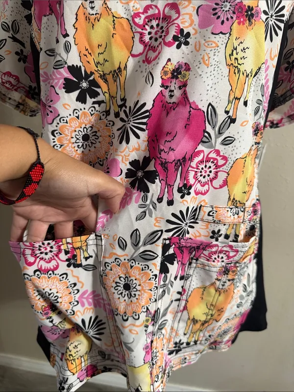 Cherokee V-Neck Scrub Top in Pink, Yellow & Black Floral llama Print - Image 3