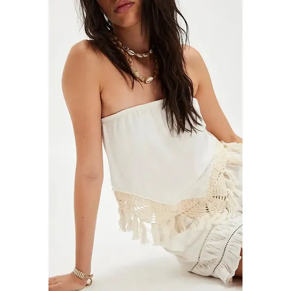 Free People Womens White Cotton Crochet Tassel Handkerchief‎ Tube Top Small Boho - Image 3