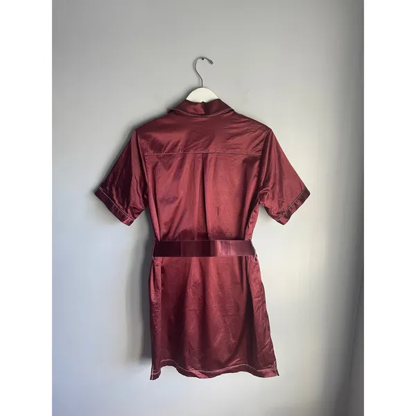 STAUD Bentley Burgundy Satin Short Sleeve Belted Mini Shirt‎ Dress Size M - Image 3