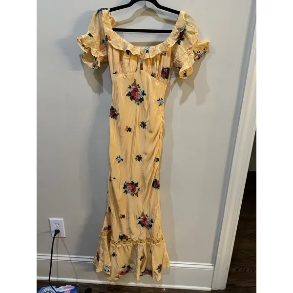 Free People Bali Santa Cruz Maxi Dress Floral Embroidered Cutout Ruffle Size XS - Image 5