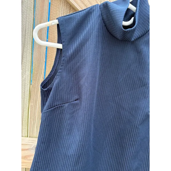 Vintage‎ Mock Neck Top Ribbed Sleeveless Navy Blue Back Zip - Image 5
