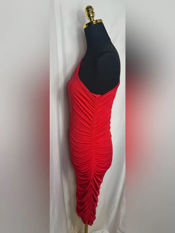 One-Shoulder Red Ruched Bodycon Dress party fits elegant low luxury XL - Image 5