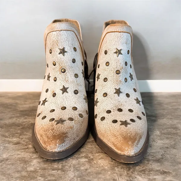 Circle G Women’s White Distressed Leather Studded Fringe Ankle Boots with Star Accents - Image 3