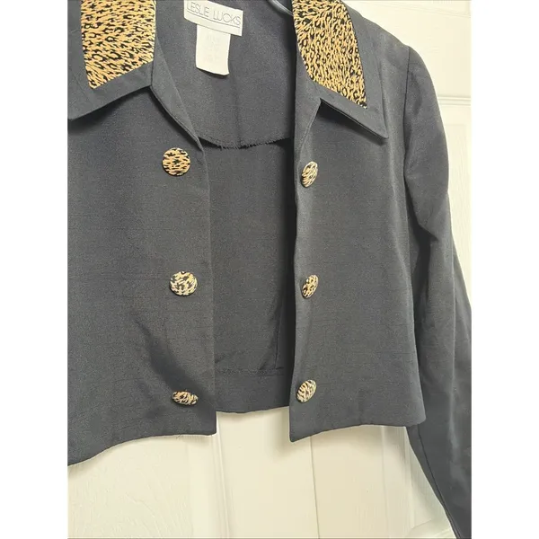 Leslie Lucks Vintage Cropped Blazer Womens 10 Black Leopard Print Cotton Y2K 90s - Image 5