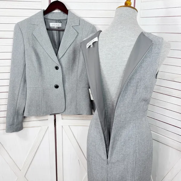 Kasper Sheath Dress Blazer Suit Women 4 Sharkskin Grey‎ Professional Business - Image 8