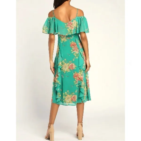 Lulus Romantic Love Floral Chiffon Ruffle Cold Shoulder Midi‎ Dress Green XS - Image 5