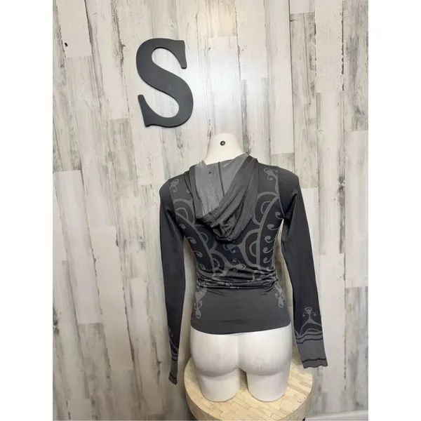 Gray Athletic Hooded Top Women Small Long Sleeve Fitted Workout Hoodie Stretch - Image 4