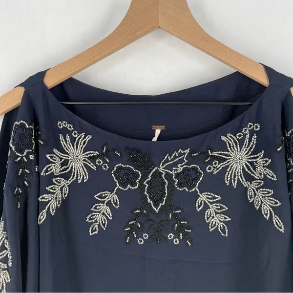 Free People Navy Blue Floral Beaded Embroidered Chiffon Dolman‎ Sleeve Dress M - Image 2