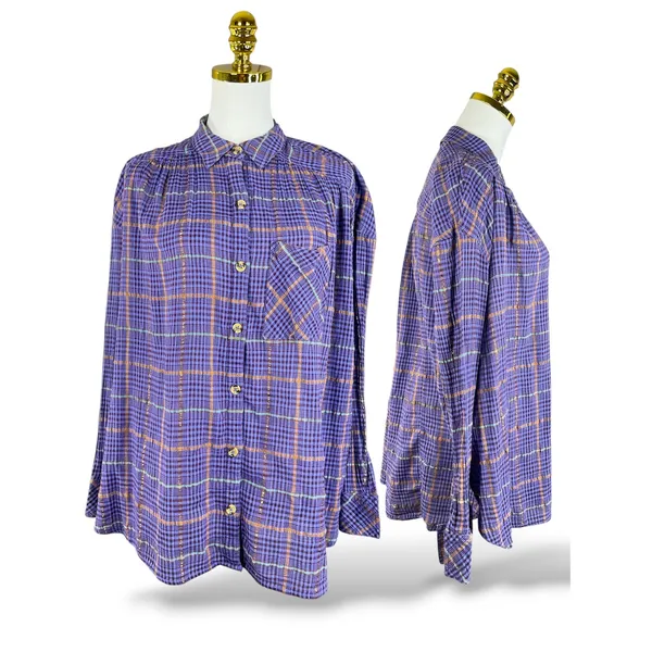 Free People Purple Plaid Metallic Button Down Shirt Womens Small Oversized Top - Image 2