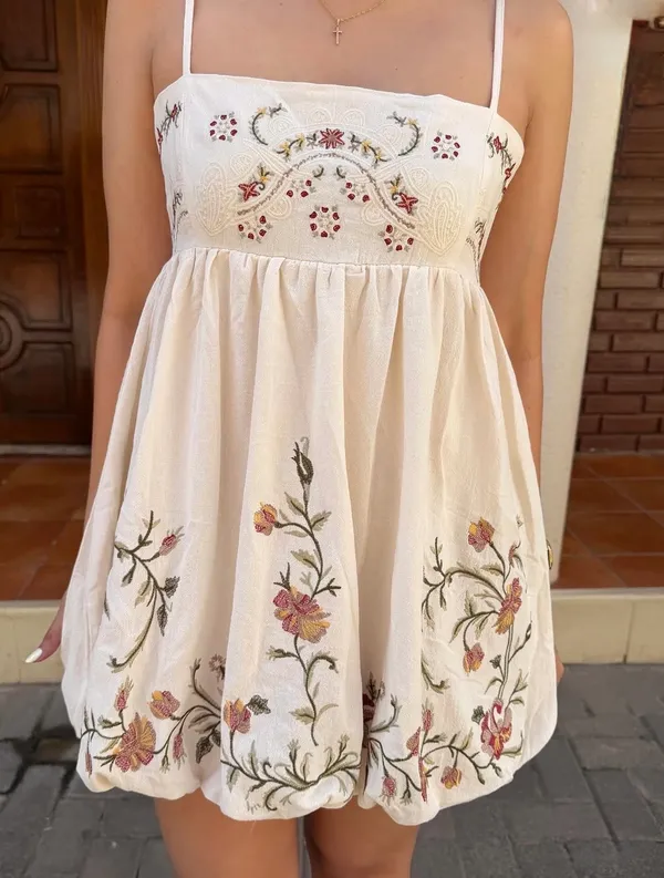 Zara Cream Floral Embroidered Spaghetti-Strap Mini Bohemian Dress - Image 2