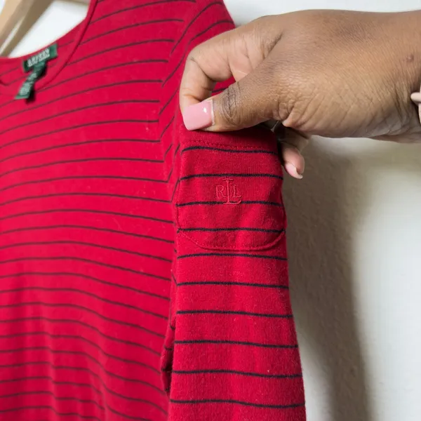 Lauren Ralph Lauren Women Cotton Top M Red Striped Long Sleeve Pocket‎ Preppy - Image 4