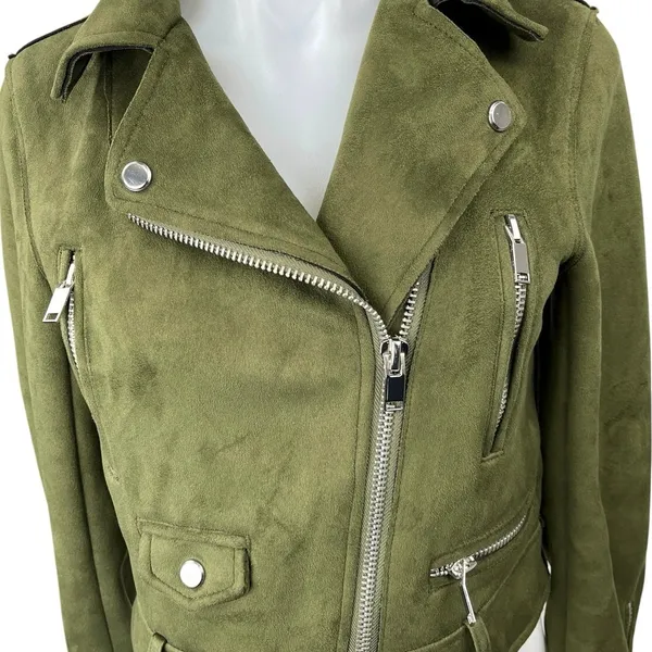 Zara Olive Green Suede Asymmetrical Zip Up Crop Moto Biker Jacket Blazer Coat XS - Image 3