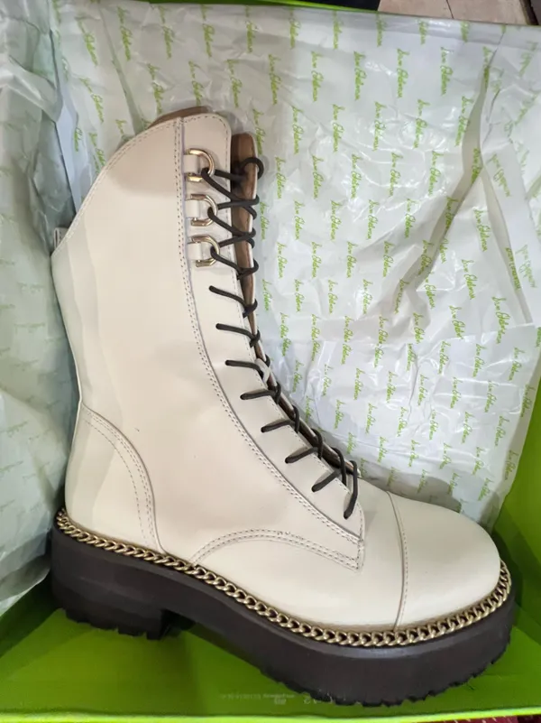 Sam Edelman Lenley Ivory Leather Gold Chain Combat Boots Size 8 NIB - Image 8