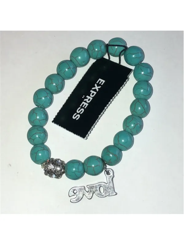 Express Turquoise Color Boho Beaded Bracelet with Silver Tone Love Charm - Image 4