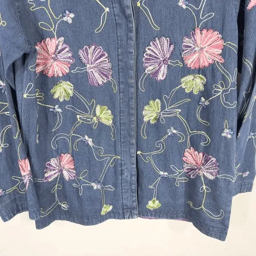 Jane Ashley Medium Petite Top Shacket Beaded‎ Denim Blue Embroidered Button 311 - Image 5
