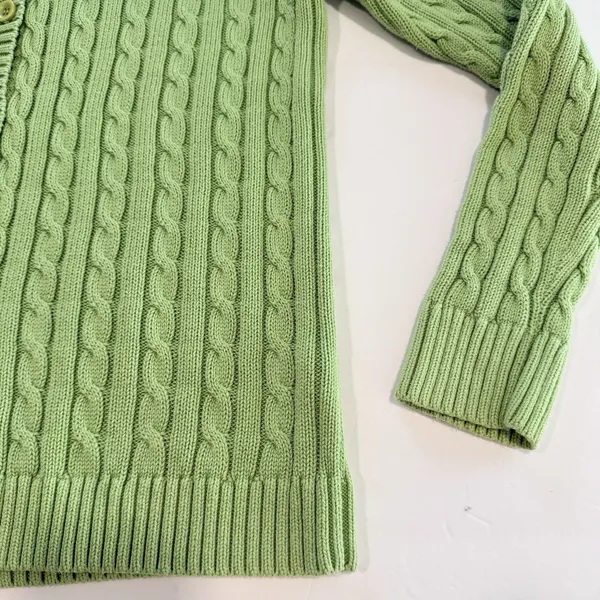 LL Bean Lime Green Cable Knit Cotton Button Up Cardigan Sweater Size LARGE - Image 4