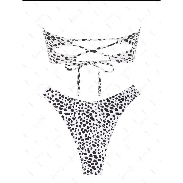 Zaful dalmation print bikini set Bandeau lace up top high cut bottom size 6 - Image 2