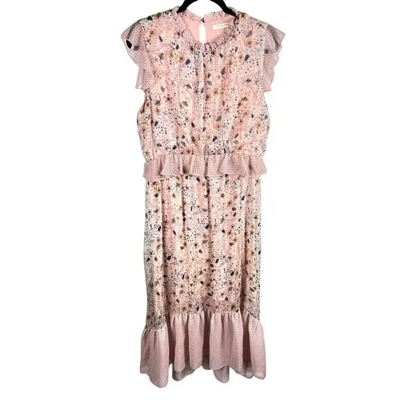 Ellison Pink Floral Polka Dot Mixed Print Ruffle Tiered Midi Dress Size L - Image 2