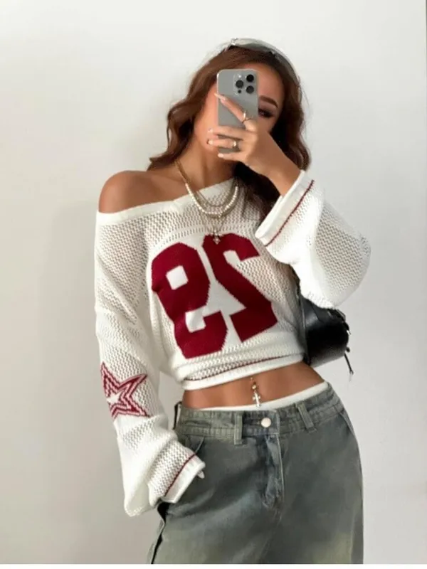 Y2k Graphic Oversized Crochet Jersey Shirt V Neck Long Sleeve Knit Pullover S - Image 5